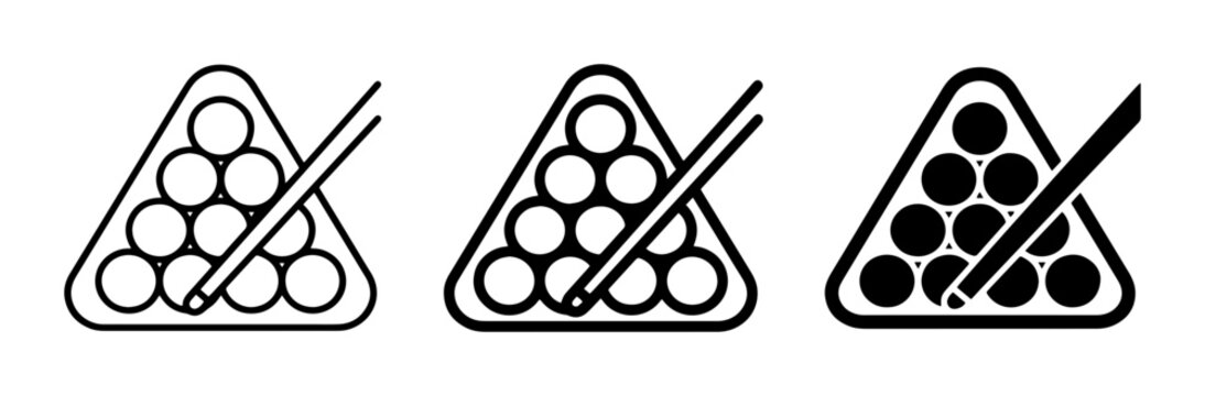Billiard Balls Triangle Icons, Pool Game Symbols, Cue Stick Graphics