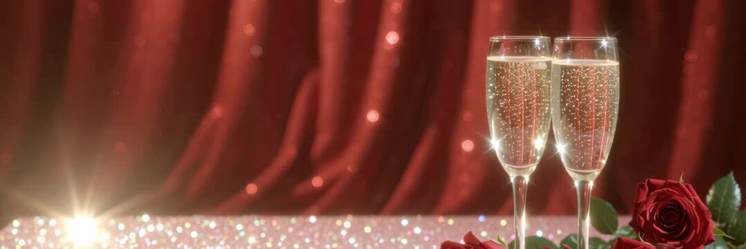 Champagne glasses with red rose on sparkling background, romance concept for celebration website banner with copy space for text