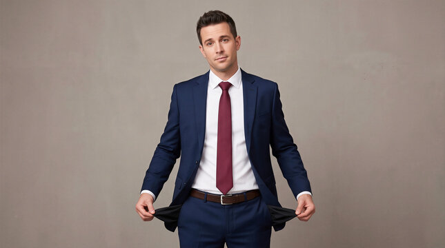 Broke businessman in a blue suit showing pulled-out empty pockets. Concept for debt, bankruptcy, poverty, financial crisis, and inflation