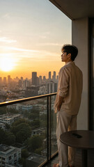 Fototapeta premium Asian man practicing digital detox at sunrise