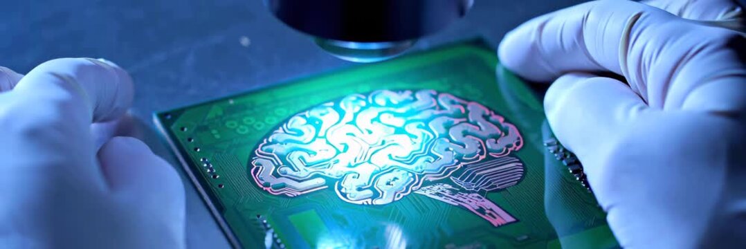 Gloved hands inspecting AI brain processor chip, innovation concept for technology website banner with copy space for text