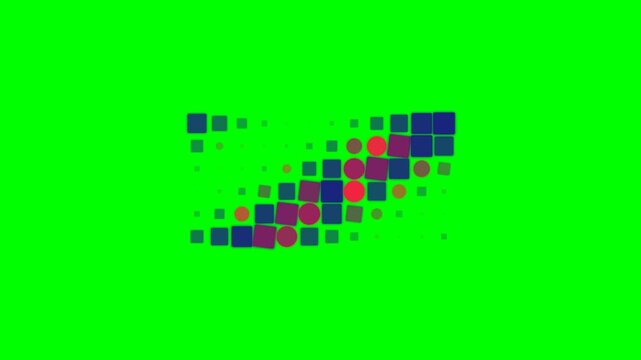 Abstract composition of red circles and blue squares on a green background