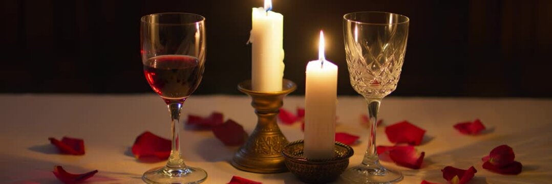 Wine glasses and candles with rose petals, romance concept for Valentine website banner with copy space for text