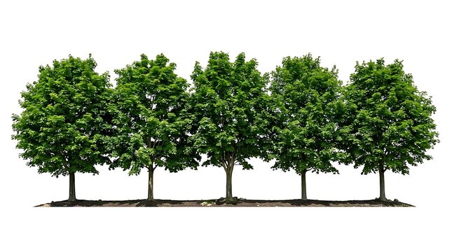 A row of five identical green deciduous trees on white background.