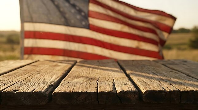Wooden table with American flag in background