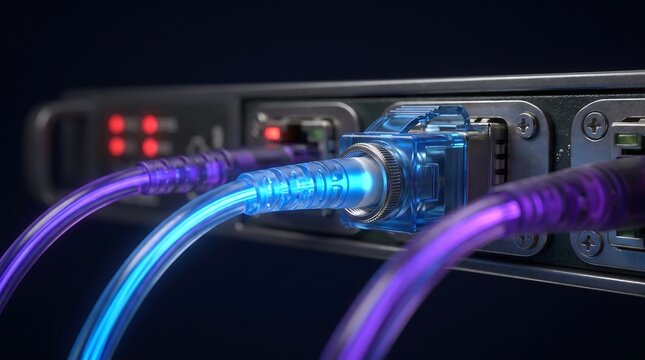 Close-Up Network Switch Ports with Glowing Data Connections