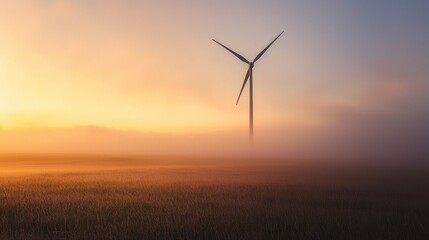 Obraz premium Sunrise misty field wind turbine