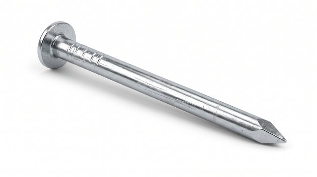 A silver metal masonry nail with a flat circular head and sharp diamond point. Smooth galvanized shank with slight ridges near the head. Used for driving into concrete and brick.