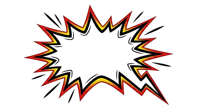 Comic book style speech bubble with red and yellow explosion effect.