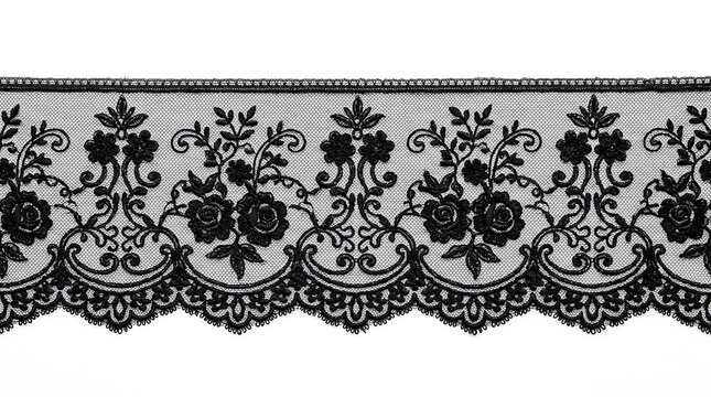 Elegant black lace trim with floral embroidery pattern on transparent background.