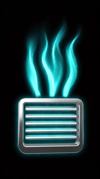 Abstract metallic ventilation grate with glowing blue energy vapor rising in a dark digital space for proptech concepts