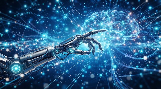 Futuristic robotic hand reaching out to touch a glowing digital human brain model.