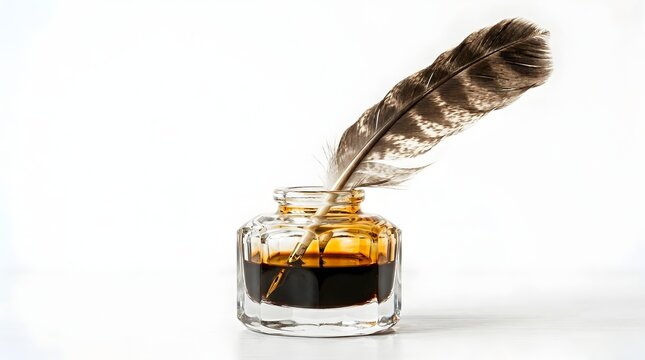 Antique Glass Ink Bottle with Feather Quill Isolated on White Background, Vintage Writing