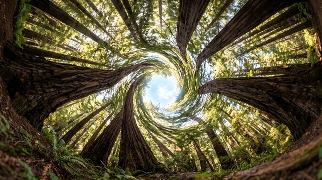 Low angle view of tall redwood trees in a surreal swirling forest spiral