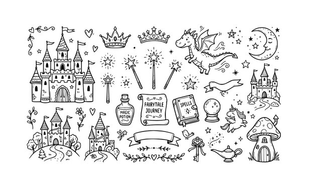 Hand Drawn Fairytale Doodle Set &ndash; Magical Fantasy Vector Illustration