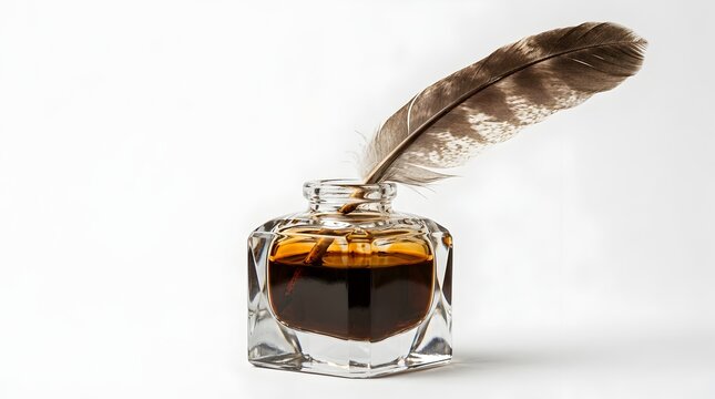 Antique Glass Ink Bottle with Feather Quill Isolated on White Background, Vintage Writing