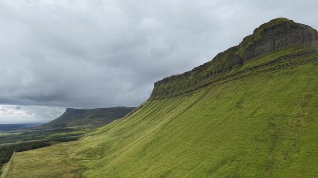 Aerial drone view of Benbulben Mountain in County Sligo, Ireland