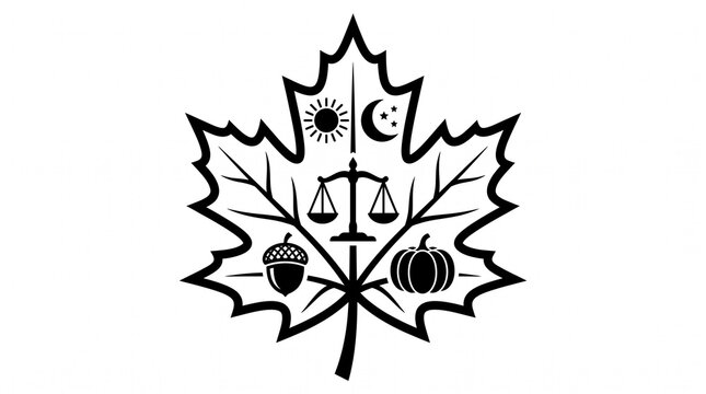 Maple leaf silhouette icon with celestial and harvest symbols.