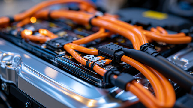 Ultra detailed macro of a high performance EV battery module highlighting rows of lithium ion cells, precision electrical busbars, orange insulated cables, black connectors and mirror polished metal