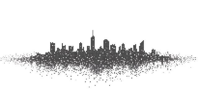 Dynamic Urban Decay: Abstract City Skyline Silhouette with Grungy Particle Effect