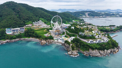 Fototapeta premium Aerial drone panorama of Yeosu Art Land coastal resort and South Sea landscape 