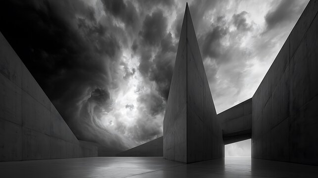 Prompt: A striking concept scenery. A maze of minimalist brutalist concrete walls is double exposed with the distant, swirling vortex of a massive supercell storm cloud. Shot on Phase One XF 