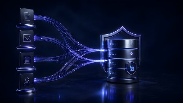 Cybersecurity data protection concept featuring encrypted digital files transferring to secure server shield