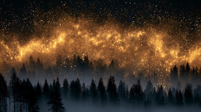 Prompt: A striking dreamscape photograph. A dark, misty forest of pine trees is layered with a massive, swirling cloud of shimmering gold cosmic dust motes frozen in mid-air under a dark sky. 
