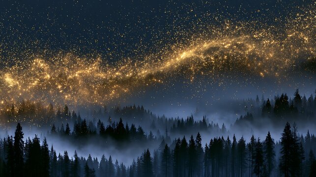 Prompt: A striking dreamscape photograph. A dark, misty forest of pine trees is layered with a massive, swirling cloud of shimmering gold cosmic dust motes frozen in mid-air under a dark sky. 