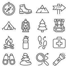 Fototapeta premium Camping and hiking outdoor adventure icons