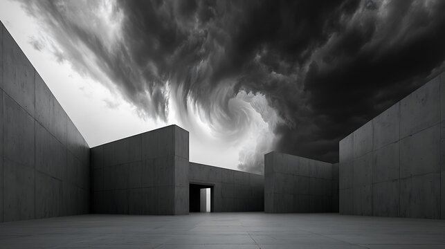 Prompt: A striking concept scenery. A maze of minimalist brutalist concrete walls is double exposed with the distant, swirling vortex of a massive supercell storm cloud. Shot on Phase One XF 