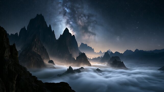 Prompt: A sovereign masterclass double exposure landscape. Giant, jagged peaks of a black basalt mountain range are seamlessly combined with a brilliant, glowing silver Milky Way galaxy core 