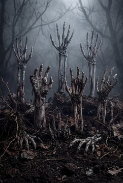 Skeletal hands rising from the dark earth in a misty forest for Halloween 2026