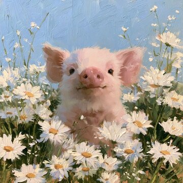 cute piglet, daisies, chic and chabby