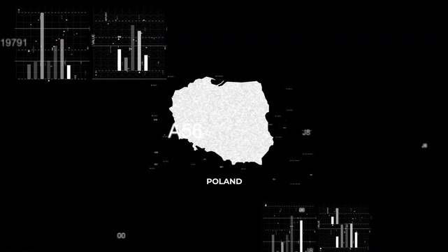 Poland map animation showcasing economy, infrastructure, technology, population, energy, trade, and national development data for presentations, films, documentaries, and motion graphics.
