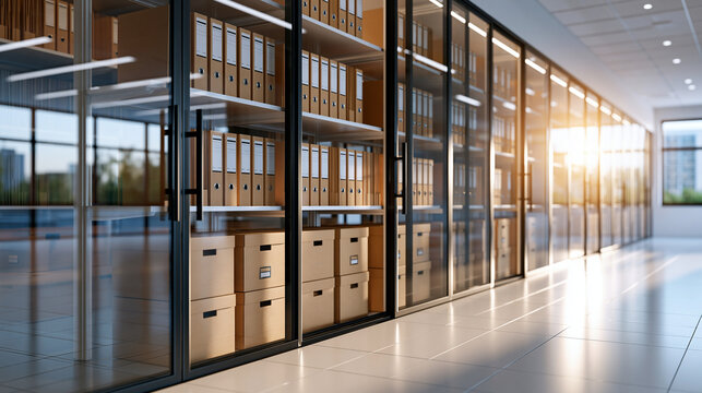 Glass cabinets in a modern archive room holding neat rows of brown file boxes and folders behind clear doors bright daylight interior crisp reflections clean pale flooring