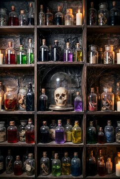 Creepy apothecary shelf with various magic potions and a human skull for Halloween 2026