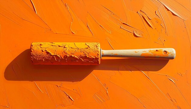 Orange paint roller with wooden handle on bright surface.