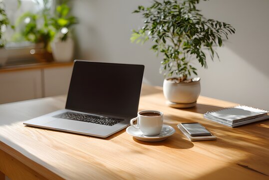 Sleek home office desk setup featuring open laptop with blank screen, coffee cup, smartphone, notepad, and green plant