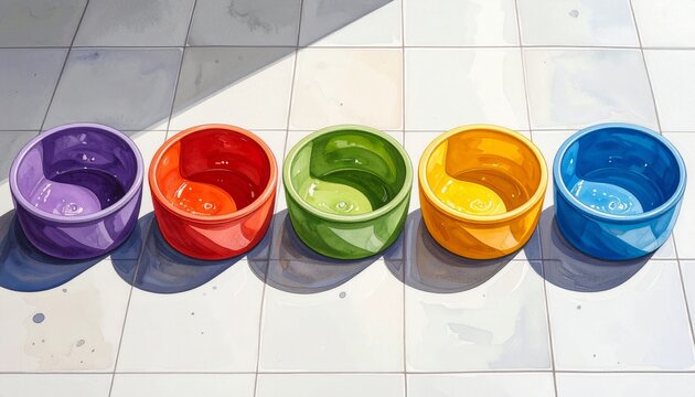 Colorful plastic buckets arranged in a row on wooden floor.