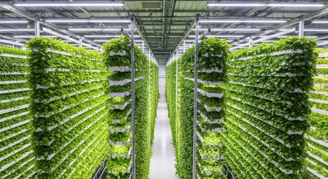Vast indoor vertical farm with rows of lush green plants under bright artificial lighting