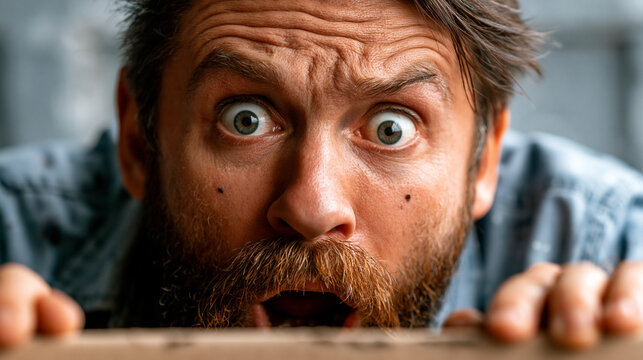 Shocked man looking up with wide eyes and open mouth expressing surprise or disbelief, startled