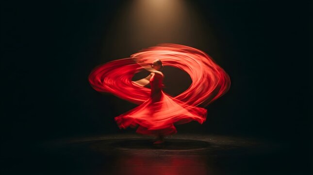 Woman in red dress dancing with fabric motion in dark spotlight