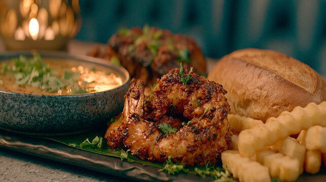 Crispy fried shrimp appetizer served with dipping sauce, bread and french fries, seafood platte