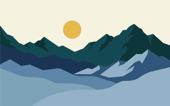 Minimalist mountain landscape with sun, flat vector illustration