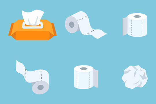 Collection of various paper products including wet wipes and toilet paper rolls in different positions