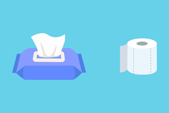 Icon set featuring a pack of wet wipes and a roll of toilet paper