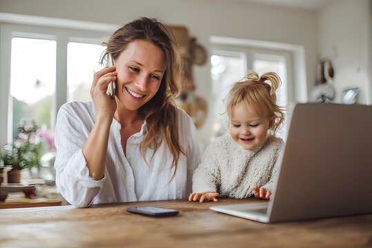 Smiling mother talking on phone while sitting with her toddler child in front of laptop on kitchen table