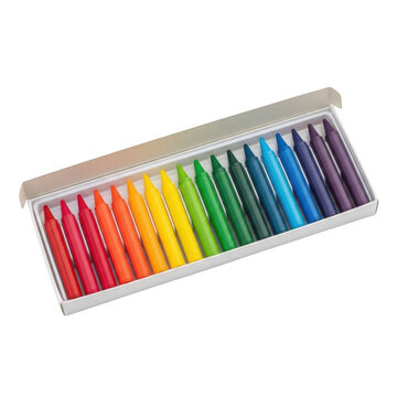 A vibrant collection of 15 colorful crayons neatly arranged in a white box on a clean white background