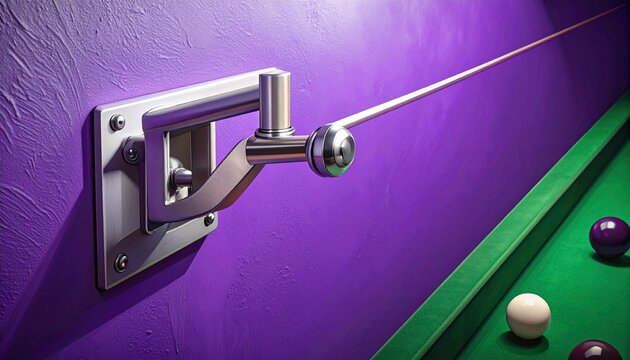 Close up of pool cue holder on purple wall.